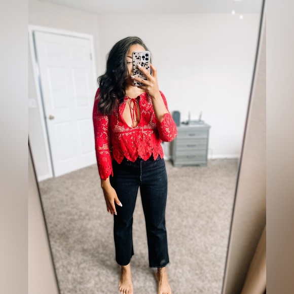 For Love and Lemons Gianna red lace top crop with attached lining Sz small - Picture 10 of 12